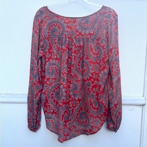 Lucky brand peasant top S paisley print red/blue tasseled boho hippie pleated - Picture 10 of 11